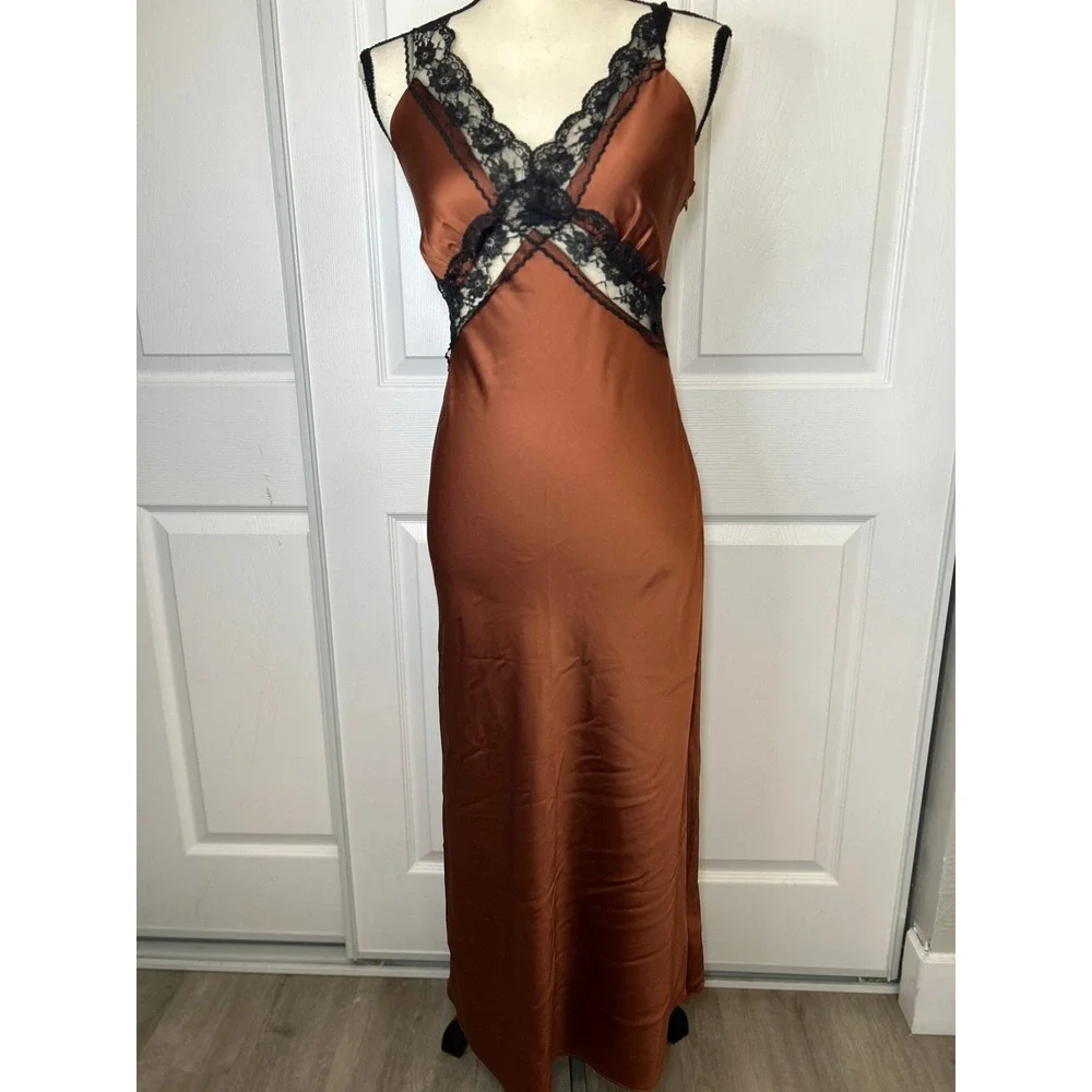 NWT Abercrombie & Fitch Satin Brown Black Lace Trim Slip Midi Dress XS Party - Picture 2 of 8